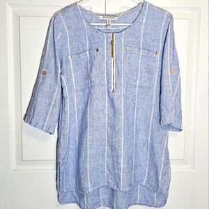 Ellen Tracy Linen Blue Striped‎ Blouse   Coastal Vacation Gold Seersucker